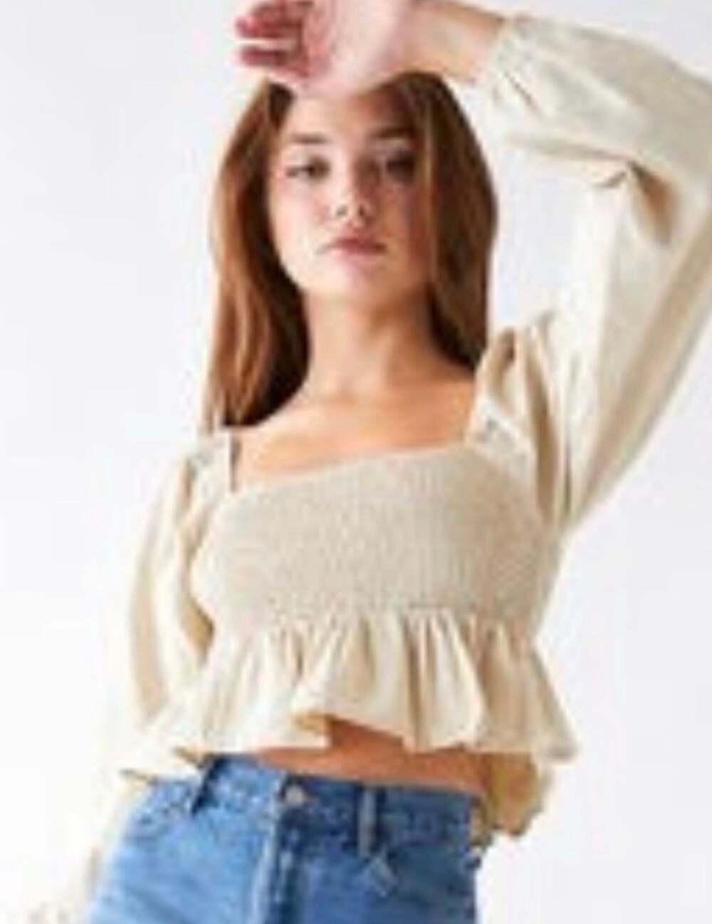 L.A. Hearts Smocked Peplum Long Sleeve Top M (t)